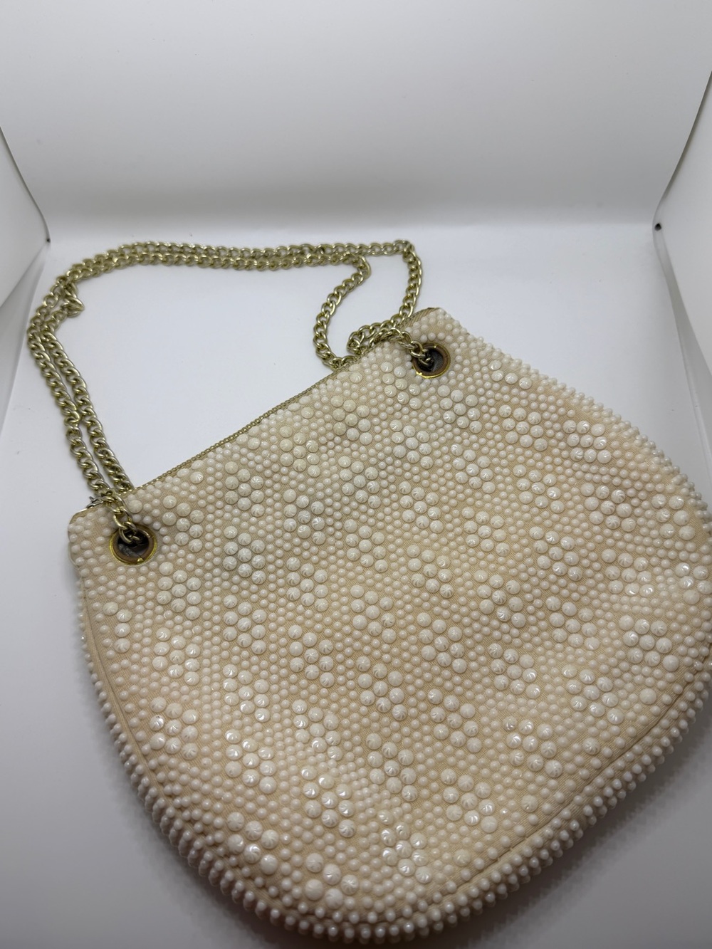 Vintage Made in Hong Kong Beaded Pearl Evening Bag Gold Chain Purse